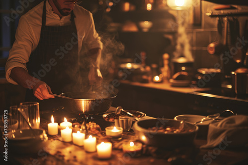 man cooking a romantic dinner for two, with candles on the table