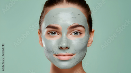 Close up portrait of young women with a mask in a spa, turquoise background, natural organic skincare beauty salon