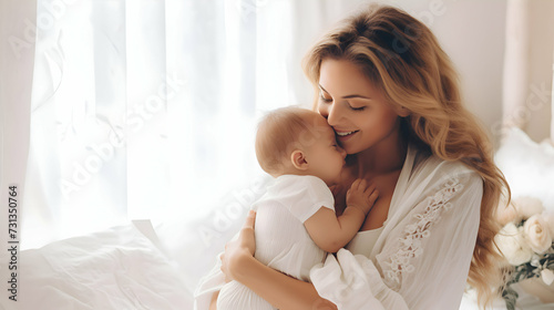 Mother with newborn baby. Woman and baby in white clothes and white background.