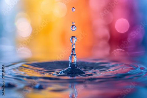 Macro photo of water droplets facing a water surface in different frozen forms. Here in a backround in different colors for the surroundings