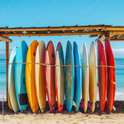 Set of colorful surfboard for rent on the beach. Multicolored surf boards different sizes and colors surfing boards on stand, surfboards rental place