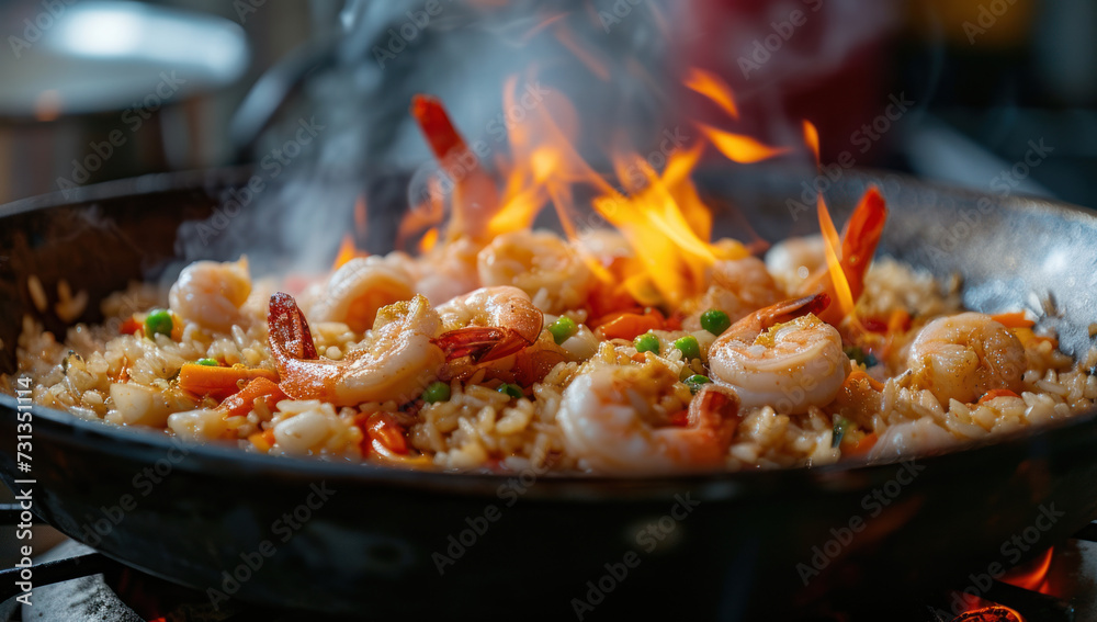 rice with seafood, shrimp and seafood on fire rice with seafood, shrimp and seafood on fire
