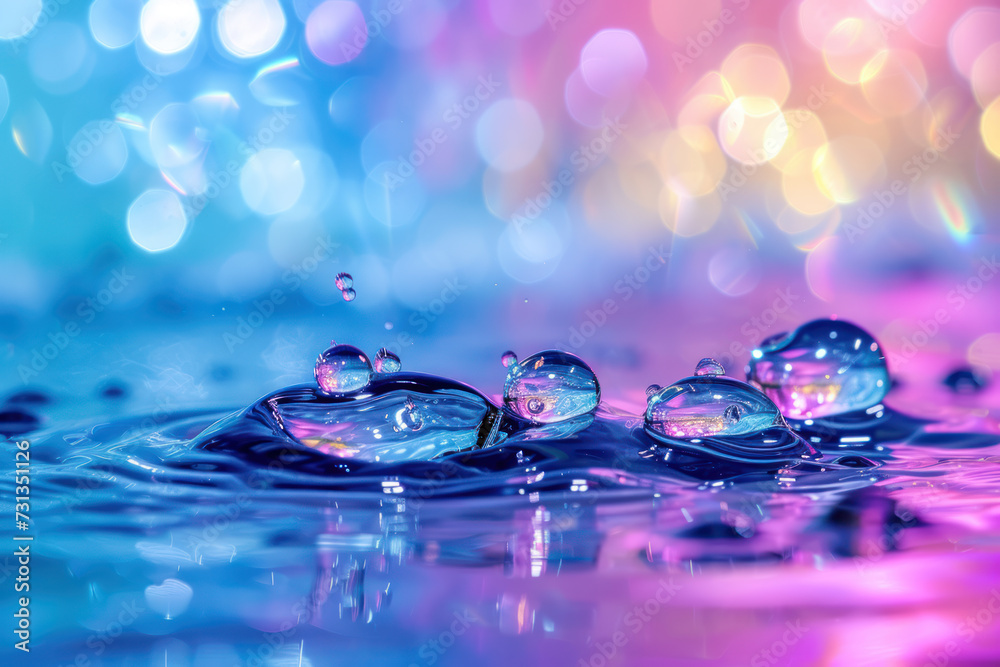 Macro photo of water droplets facing a water surface in different frozen forms. Here in a backround in different colors for the surroundings