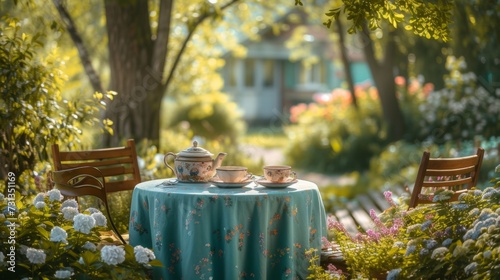 A cozy outdoor tea party set amidst a garden of budding blooms