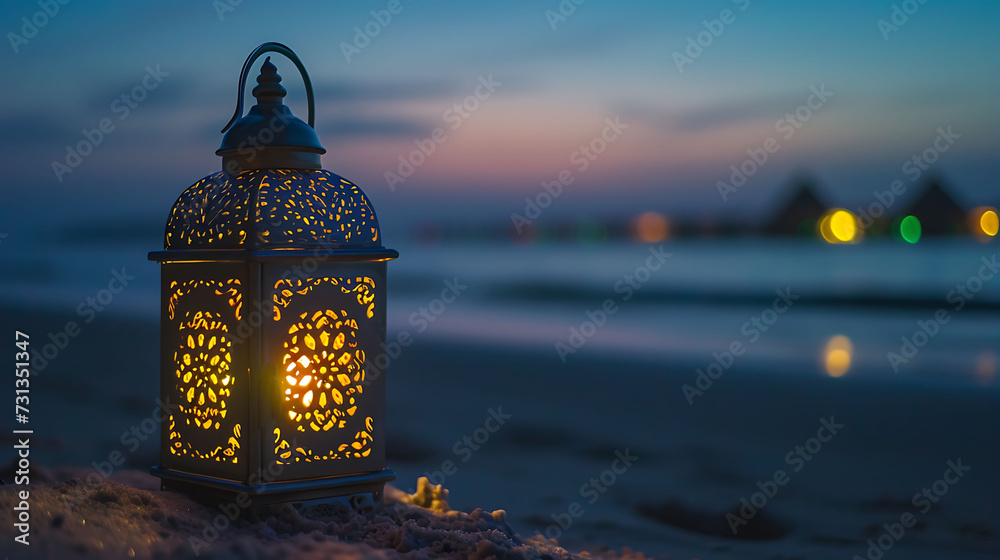 Islamic concept lamp Traditional Arabic Lantern on the beach Ramadan and Eid Mubarak greeting background