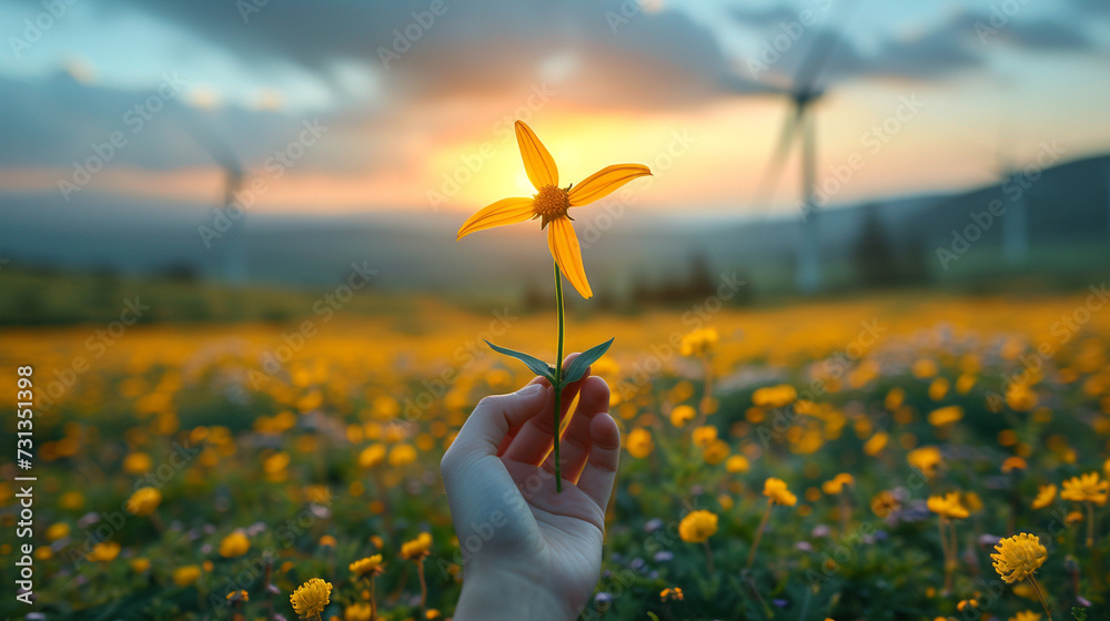 Orange flower resembling a wind turbine in one hand, wind energy in the background, emphasizing the importance of ecology, clean energy theme - obrazy, fototapety, plakaty 