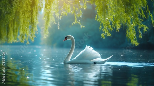 A graceful swan gliding across a glassy pond framed by willows © olegganko