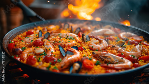 rice with seafood, shrimp and seafood on fire