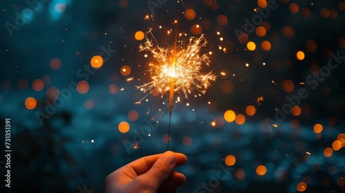 A close-up of a hand holding a sparkler, with the sparks illuminating a dark ...