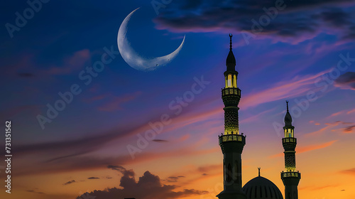 Mosques on dusk sky twilight and crescent moon, religion of Islamic