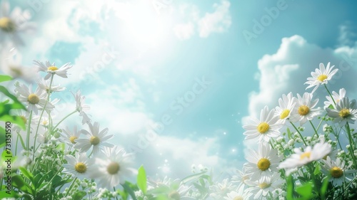 Green grass and chamomile in the meadow. Spring or summer nature scene with blooming white daisies in sun glare. Soft focus.