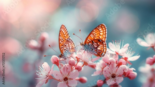 A pair of dainty butterflies dancing amidst tender blossoms. large copyspace ...