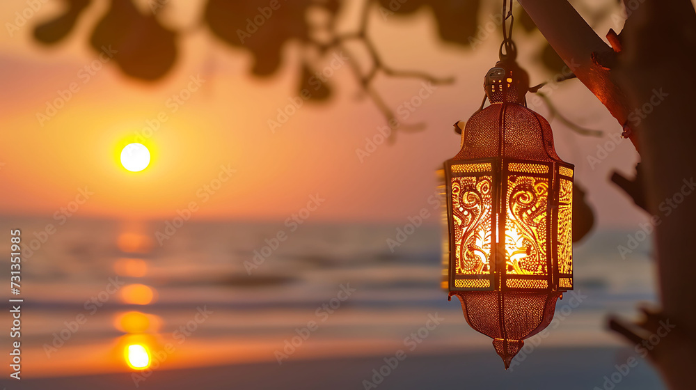 Islamic concept lamp Traditional Arabic Lantern on the beach Ramadan and Eid Mubarak greeting background Islamic concept lamp Traditional Arabic Lantern on the beach Ramadan and Eid Mubarak greeting background