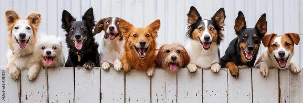 Dogs with different breeds sitting behind a fence, tongues out, joyful expression. Long banner Dogs with different breeds sitting behind a fence, tongues out, joyful expression. Long banner