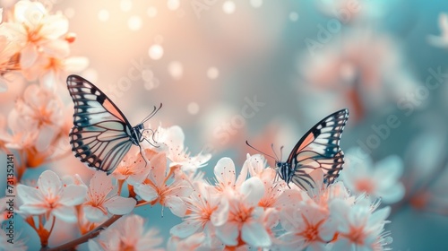 A pair of dainty butterflies dancing amidst tender blossoms. large copyspace area