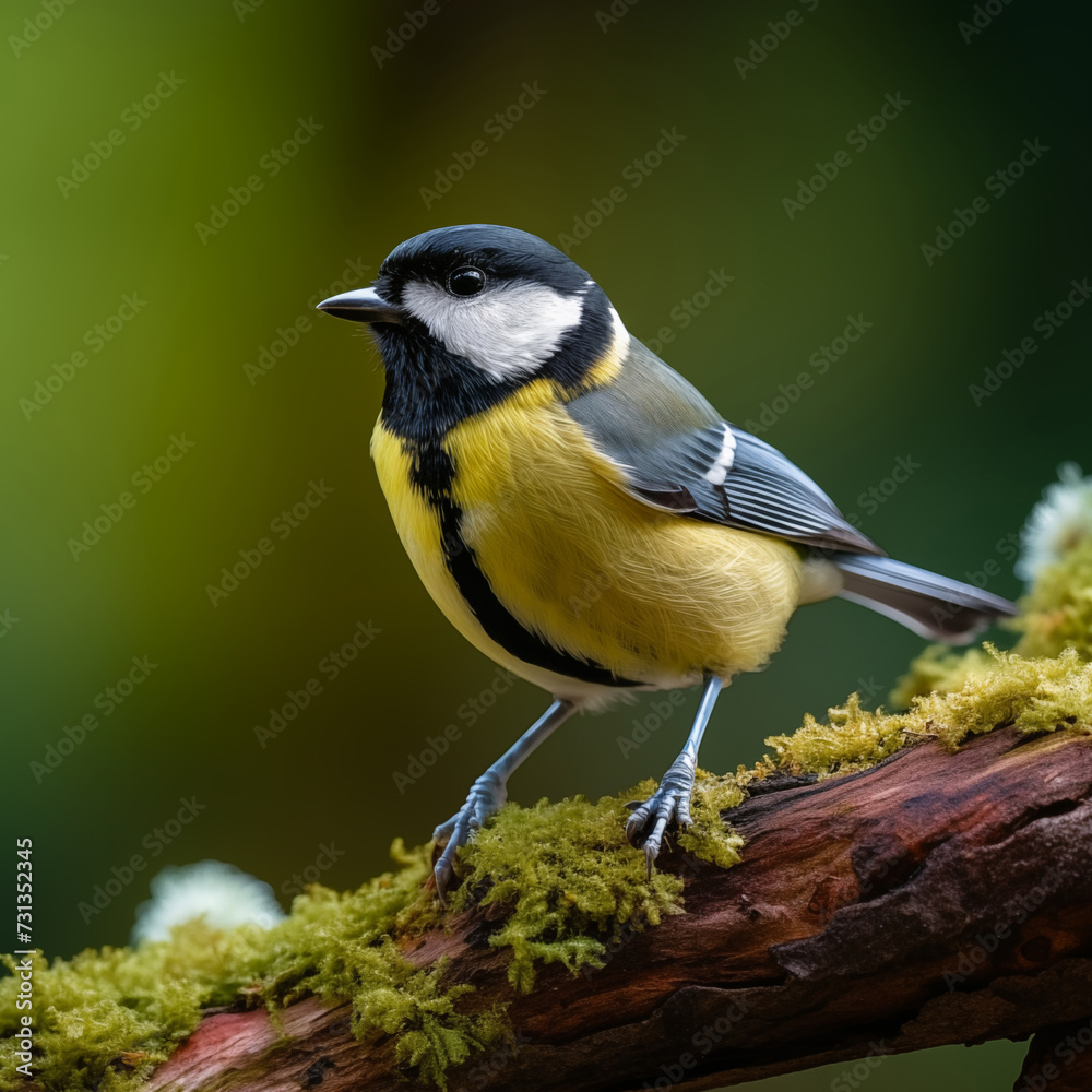Fototapeta premium The Great Tit bird, characterized by its vivid yellow chest and contrasting black head, perches on a richly mossy branch in a lush green woodland.