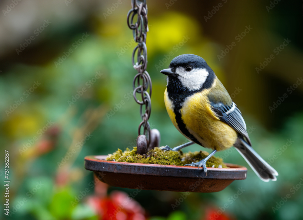 Fototapeta premium A Great Tit bird with distinct yellow, black, and white feathers perched gracefully on a garden feeder adorned with moss.