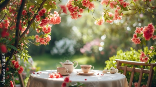 A cozy outdoor tea party set amidst a garden of budding blooms