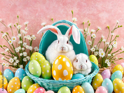Easter Joy: Happy Bunny and Flower Background for Greeting Cards, Banners, and Spring Celebrations - Isolated Decorative Design with Eggs and Rabbits. Cute Abstract Decoration, Festive Poster, and Whi