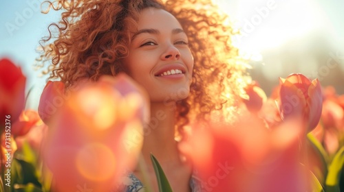 A joyful woman amidst vibrant tulips, her smile radiating warmth under the sp...