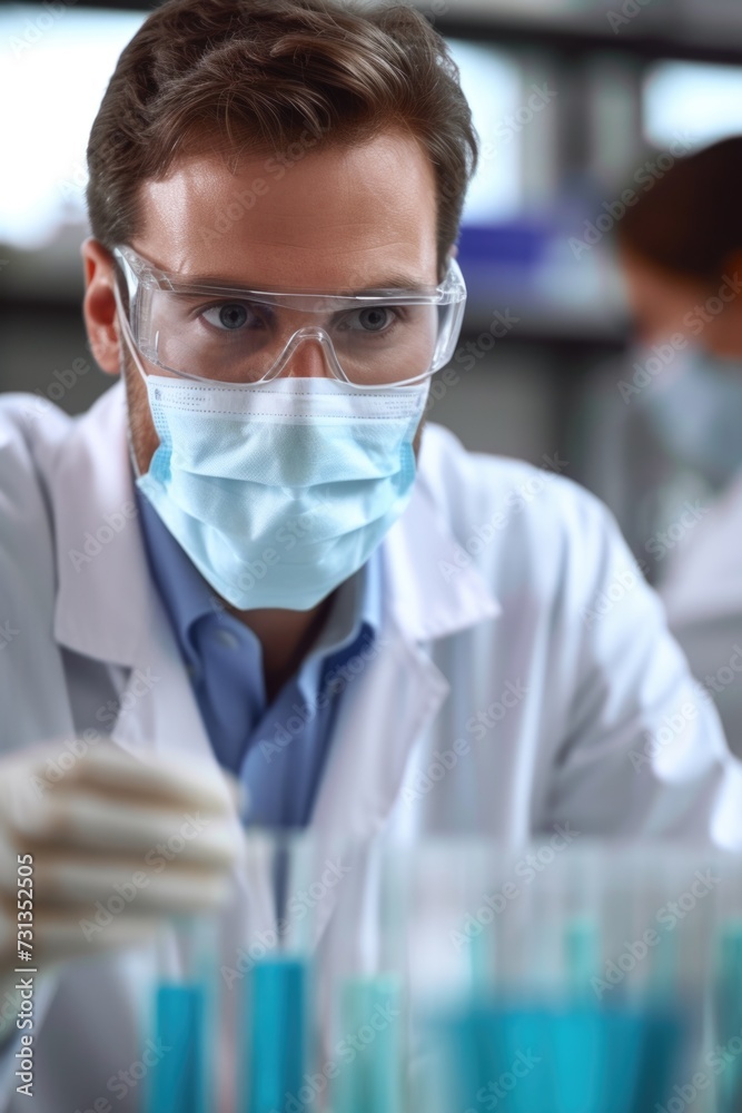 Male Scientist with Protective Gear Studies Blue Liquid in Test Tube, Modern Lab Setting Behind. Male Scientist with Protective Gear Studies Blue Liquid in Test Tube, Modern Lab Setting Behind.