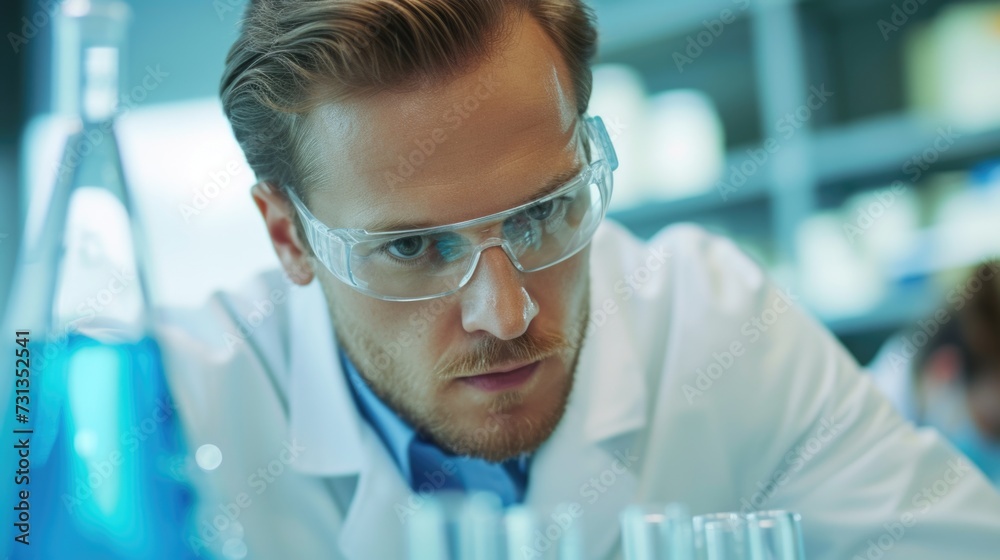 Intently Observing Scientist in White Lab Coat Analyzes Blue Solution, High-Tech Laboratory Atmosphere. Intently Observing Scientist in White Lab Coat Analyzes Blue Solution, High-Tech Laboratory Atmosphere.