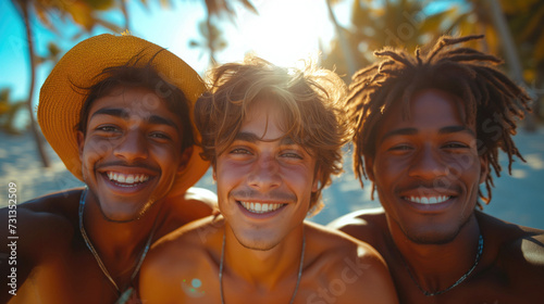 A group of happy friends from various cultures and ethnicities having fun posing in front of a smartphone camera. Young people of various nationalities smiling