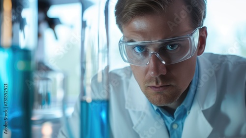 Intently Observing Scientist in White Lab Coat Analyzes Blue Solution, High-Tech Laboratory Atmosphere.