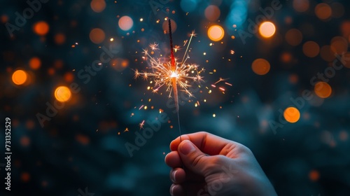 A close-up of a hand holding a sparkler, with the sparks illuminating a dark ...