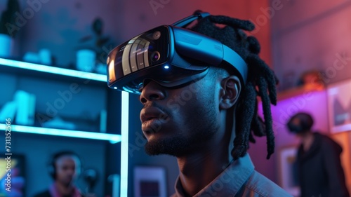 African american man in vr glasses, watching 360 degree video with virtual reality headset 