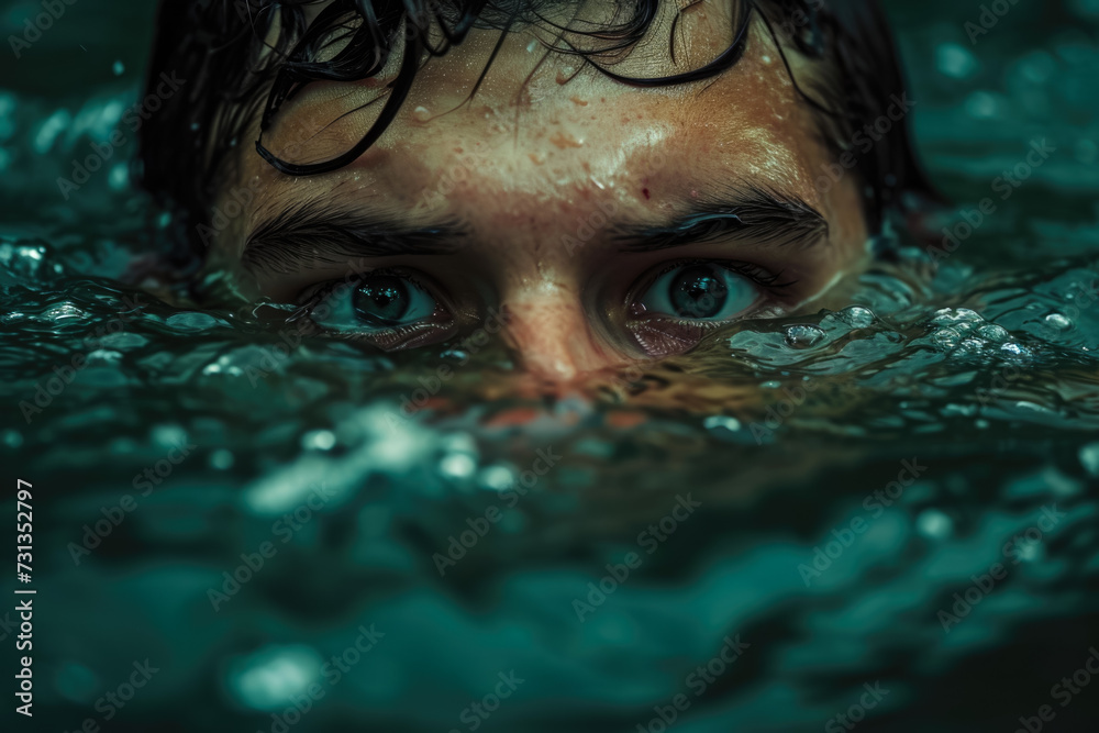 man struggling to keep his head above the water, with his eyes wide with fear