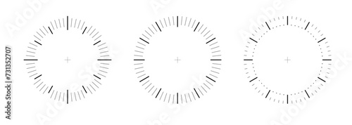 Clock face vector circle. Template analogue watches, thermometer degree or weight measuring. Speedometer or chrono meter, dot marked time scale PNG