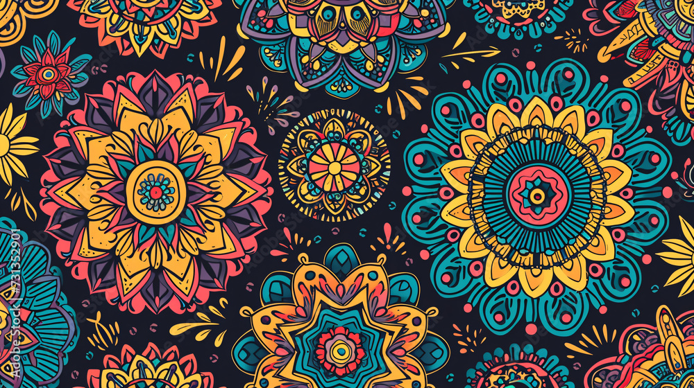 A stunning seamless pattern featuring a vibrant array of hand-drawn mandalas, radiating a sense of calmness and serenity. Each mandala is intricately designed to inspire meditation and spiri