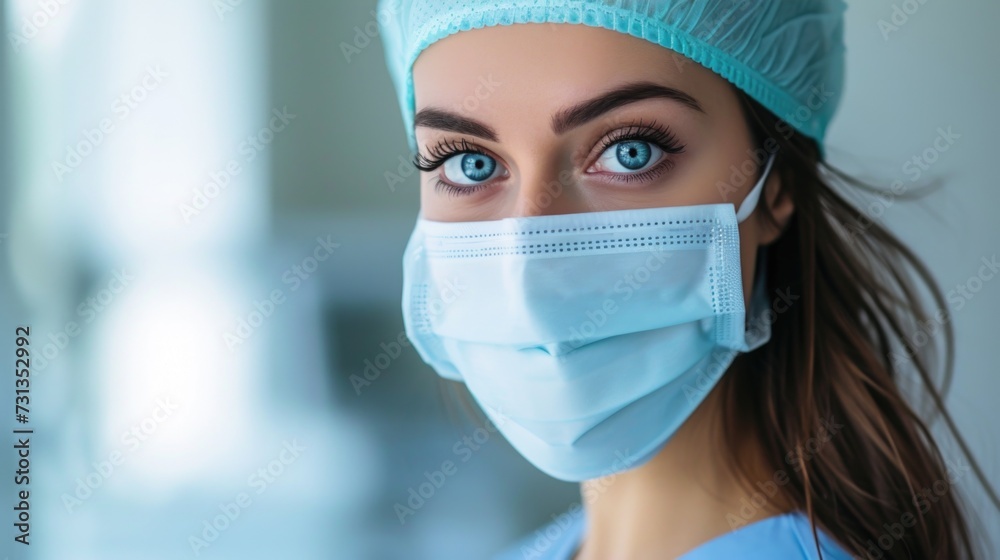 Female Medical Staff with Intense Blue Eyes and Neatly Tied Hair, Illuminated in the Sterile Environment of the OR.