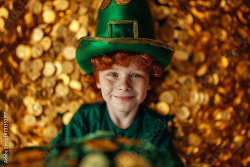 Funny red hair boy in green leprechaun hat among golden coins smiling, happy St Patrick Day