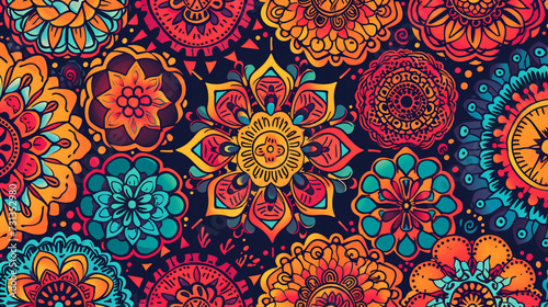 A stunning seamless pattern featuring a vibrant array of hand-drawn mandalas  radiating a sense of calmness and serenity. Each mandala is intricately designed to inspire meditation and spiri