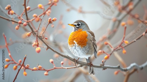 A robin perched on a bare branch, framed by budding twigs © olegganko
