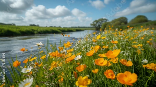 A serene riverside scene with vibrant wildflowers in bloom