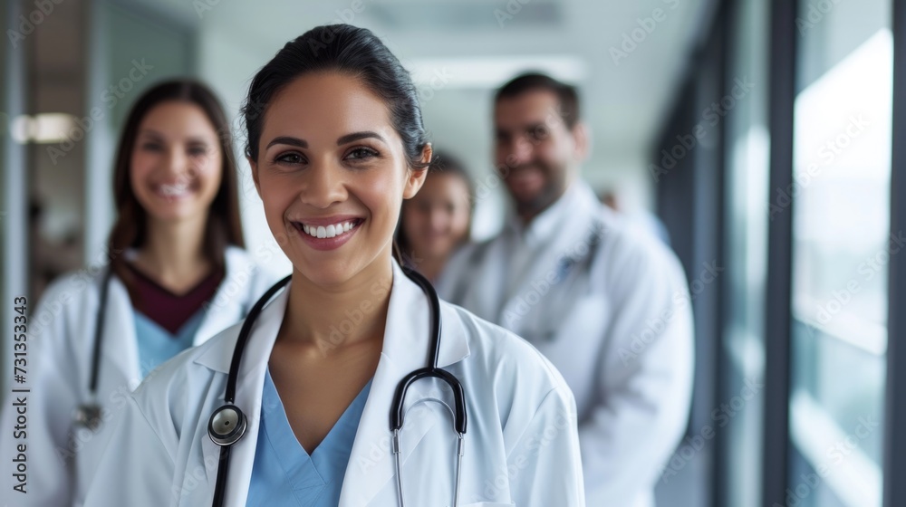 Radiant Team of Medical Professionals in Sunlit Hospital Corridor, Led by a Smiling Young Female Doctor. Radiant Team of Medical Professionals in Sunlit Hospital Corridor, Led by a Smiling Young Female Doctor.