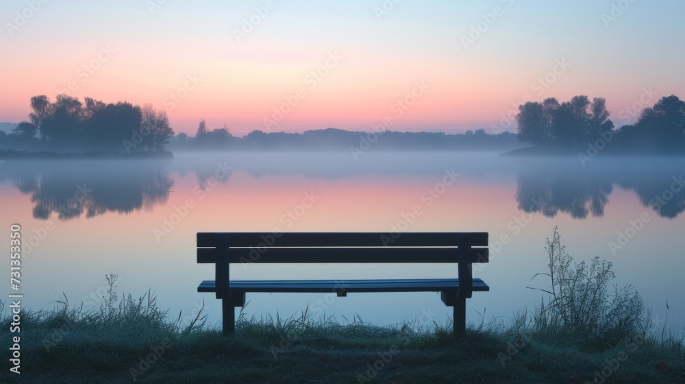 a bench overlooking a fog-covered lake at dawn, embodying Labor Day's quiet reflection