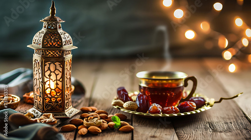 Ramadan Kareem Islamic greeting card with lantern, dried dates, nuts, cup of tea