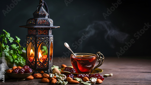 Ramadan Kareem Islamic greeting card with lantern, dried dates, nuts, cup of tea