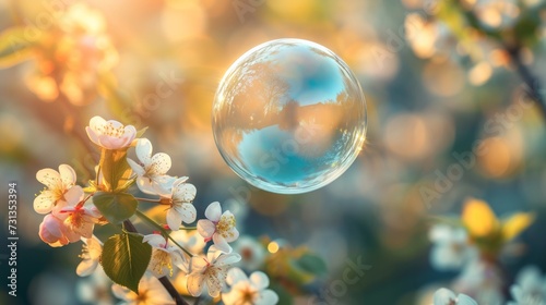 A minimalist shot of a clear bubble floating against a backdrop of spring blossoms