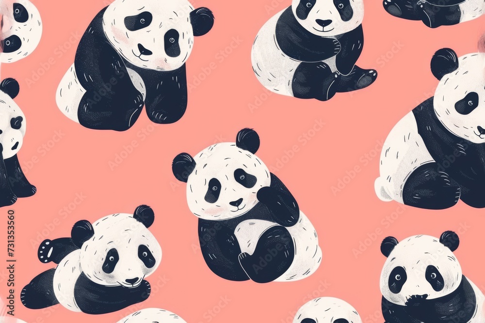 Cute panda seamless pattern, hand drawn forest background with flowers and dots, vector illustration Cute panda seamless pattern, hand drawn forest background with flowers and dots, vector illustration