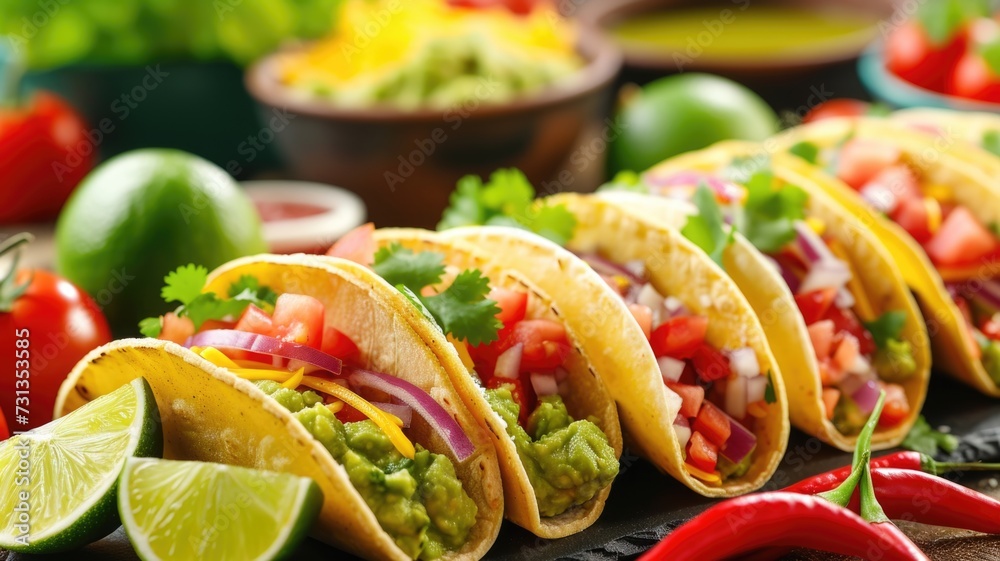 Freshly prepared tacos with a variety of fillings, garnished with lime and surrounded by ingredients , perfect for a Cinco de Mayo feas Freshly prepared tacos with a variety of fillings, garnished with lime and surrounded by ingredients , perfect for a Cinco de Mayo feas