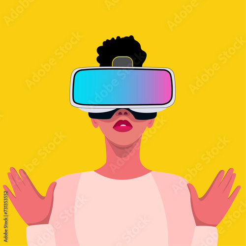 Woman character with glasses virtual reality. VR