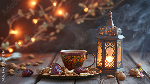 Ramadan Kareem Islamic greeting card with lantern  dried dates  nuts  cup of tea