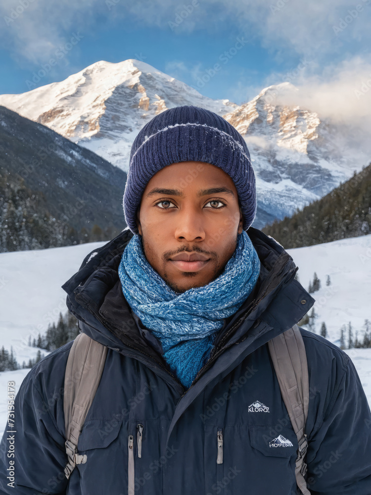 Winter Wonderland: BIPOC Person Outdoors in Snowy Mountains Wearing Stylish Winter Clothing - Diverse Outdoor Winter Scenery, Snowy Landscape with Mountain Peaks, Cold Weather Outdoor Fashion Winter Wonderland: BIPOC Person Outdoors in Snowy Mountains Wearing Stylish Winter Clothing - Diverse Outdoor Winter Scenery, Snowy Landscape with Mountain Peaks, Cold Weather Outdoor Fashion