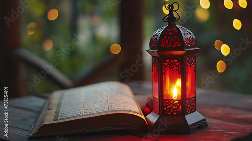 Lantern Lamp with open Quran Islamic Prayer concept