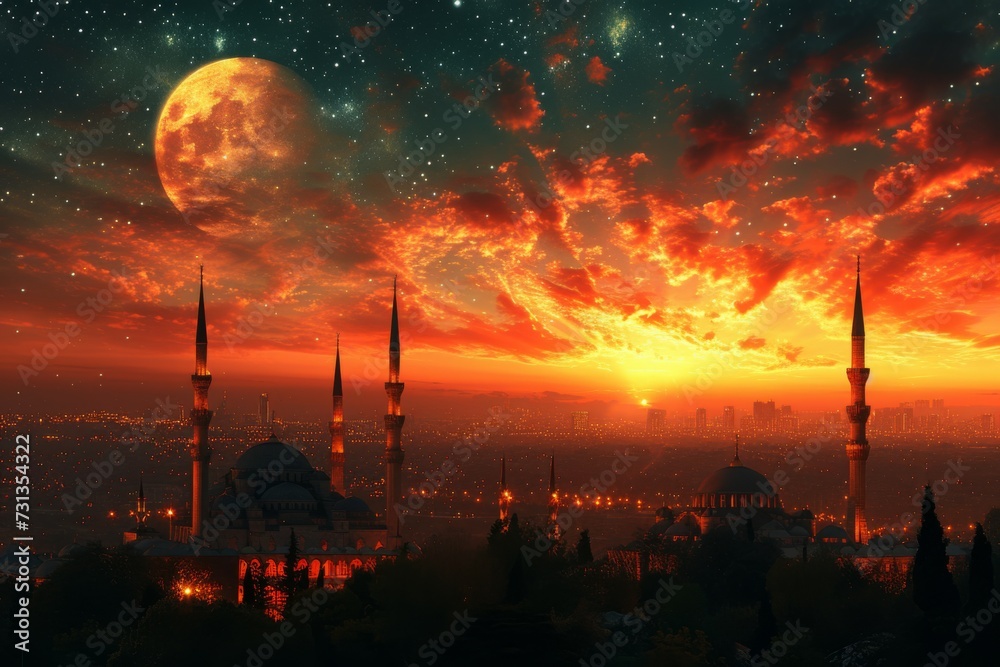 Obraz premium Mosque sunset sky, moon, holy night, islamic night and silhouette mosque, panaromic islamic wallpaper